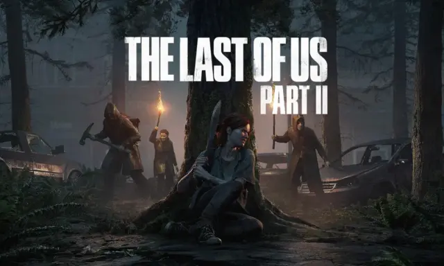 Ellie w lesie, gotowa do walki. W tle widać innych postaci i zniszczone samochody. To okładka gry The Last of Us Part II.