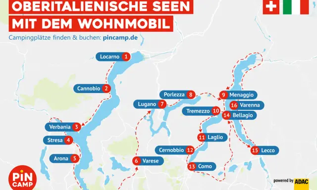 Karte zeigt die oberitalienischen Seen mit Wohnmobilrouten. Orte wie Locarno, Lugano und Como sind markiert.