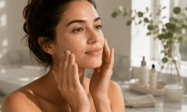 Mujer con piel radiante, aplicando crema. Su rostro refleja un brillo natural, el verdadero que es glow.
