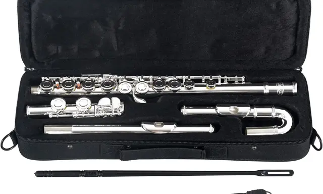 Étui ouvert noir contenant un instrument à vent argenté, une flûte traversière, ses pièces et accessoires de nettoyage.