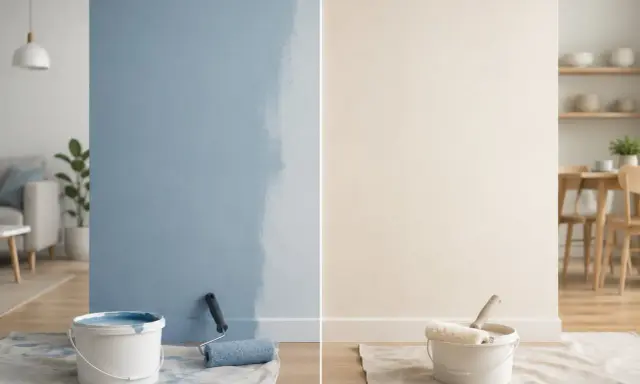 Pittura lavabile: un lato blu, un lato beige, con secchi e rulli. Valutare i pro e contro per il tuo progetto.