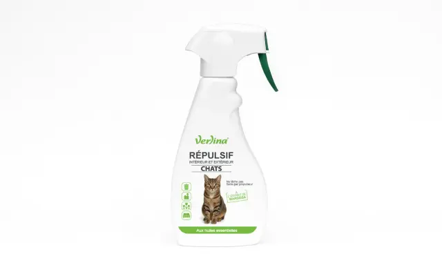Flacon de répulsif chat Verina, un remède de grand-mère naturel aux huiles essentielles pour intérieur et extérieur.