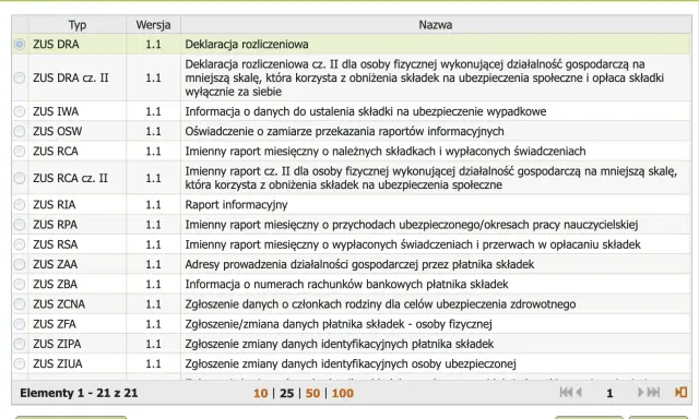 Tabela z formularzami ZUS. Widać m.in. ZUS DRA, ZUS RCA. Pomoc w wypełnieniu: zus dra jak wypełnić.