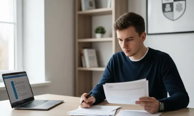 Młody mężczyzna siedzi przy biurku, analizując dokumenty i sprawdzając na laptopie, jak ZUS sprawdza status studenta.