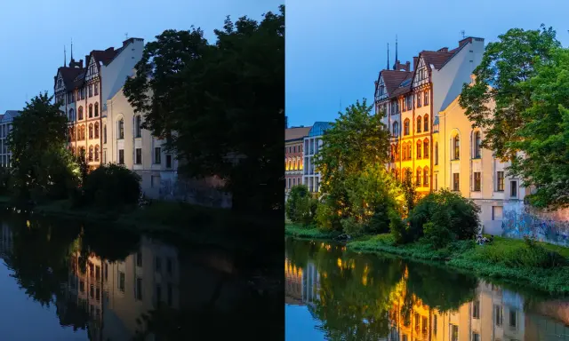 Porównanie **raw vs jpg**: ciemny, surowy kadr z lewej kontrastuje z jasnym, nasyconym obrazem po prawej, ukazującym budynki nad rzeką w wieczornym świetle.
