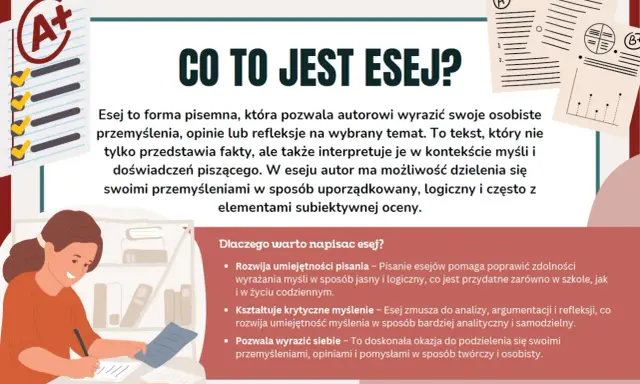 Dziewczynka pisze esej, ucząc się, jak napisać esej. Obok niej lista zadań z zaliczeniem A+.