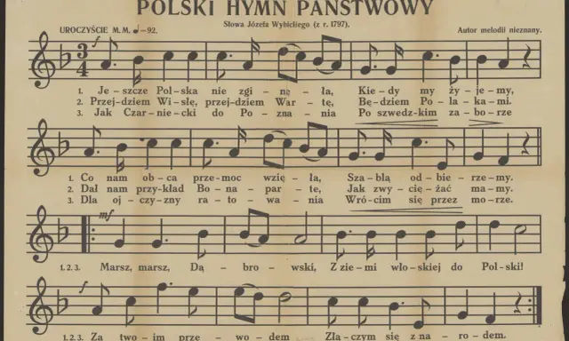 Hymn Polski - tekst oryginalny 6 zwrotek. Muzyka i słowa Józefa Wybickiego. "Marsz, marsz, Dąbrowski...