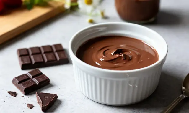 Un bol de crème chocolat onctueuse, entouré de morceaux de chocolat noir et de fraises. Un délice gourmand.