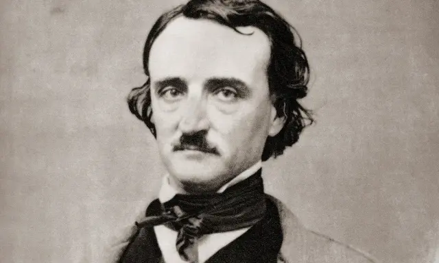 Portret Edgara Allana Poe, słynnego pisarza, z charakterystycznym wąsem i burzą włosów.