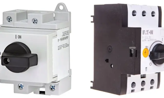 Dwa rodzaje bezpieczników elektrycznych: ETI z czarnym pokrętłem ON/OFF i Eaton P-SOL20.