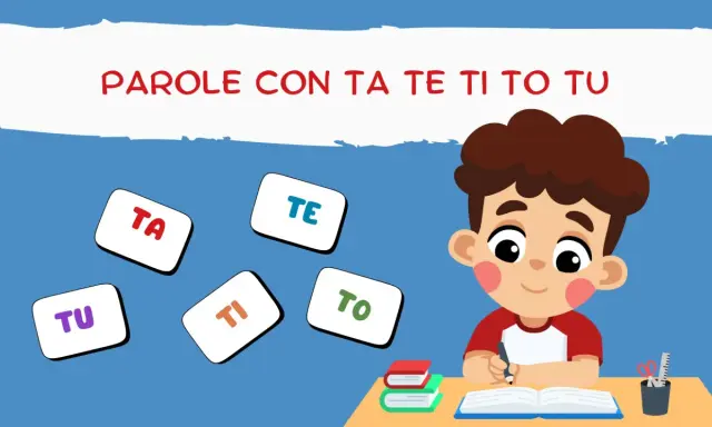 Un bambino impara parole con ta, te, ti, to, tu. Le sillabe fluttuano intorno a lui.