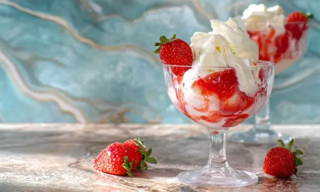 Délicieux dessert fraise melba, glace à la vanille, coulis de fraises et chantilly, garni d'une fraise fraîche.