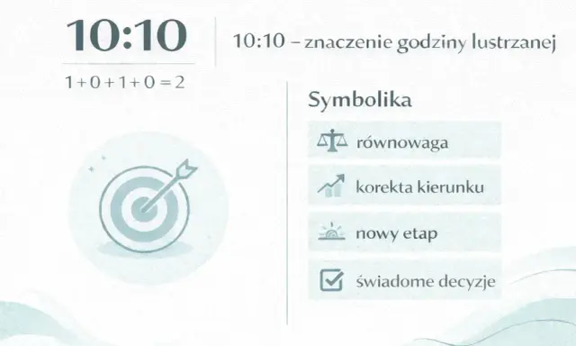 Grafika przedstawia godzinę 10:10, symbolikę numerologiczną i tarczę z celnym strzałem.