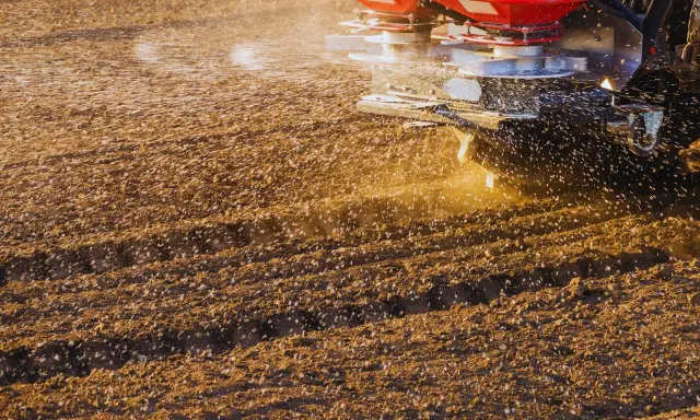 Rozsiewacz aplikuje nawóz na pole. Czy wapno budowlane nadaje się do odkwaszenia gleby? Rolnik dba o żyzność ziemi.