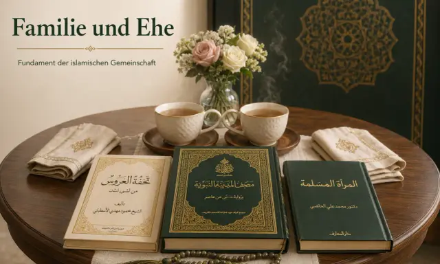 Bücher über Familie und Ehe, inspiriert von der Surah Ali Imran, mit Tee und Rosen.