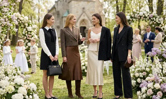 Eleganckie kobiety w stylizacjach na komunię, w tle kościół i dzieci w strojach komunijnych. Jak urozmaicić komunię?