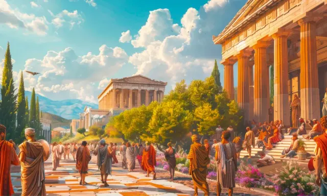 Antike Stadtansicht mit Menschen in Togen, die auf eine Agora zusteuern. Die Architektur erinnert an die Zeit der Demokratie in Athen.