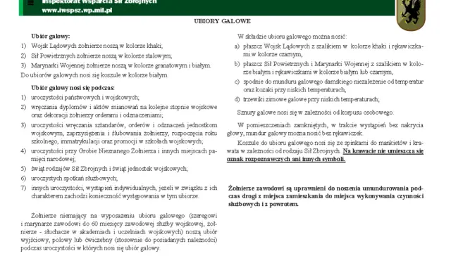 Fragment tekstu o ubiorach galowych Wojska Polskiego, z elementami graficznymi.