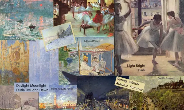 En samling verk av franska impressionister som Claude Monet, Edgar Degas och Pierre-Auguste Renoir. Motiven varierar från balettdansöser till stadsvyer och landskap.