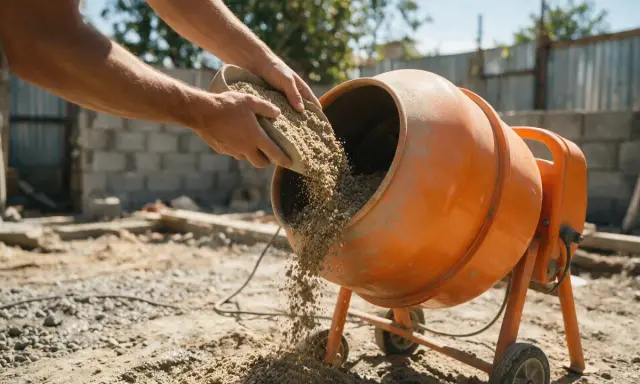 Man adding gravel to an orange cement mixer. The question of cuanto tarda en fraguar el hormigon es clave para la obra.