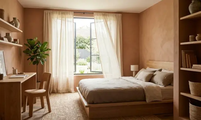 Chambre d'ado chaleureuse avec murs ocre, lit en bois, bureau et plante verte. Une belle idée décoration chambre ado pour un espace cosy et naturel.