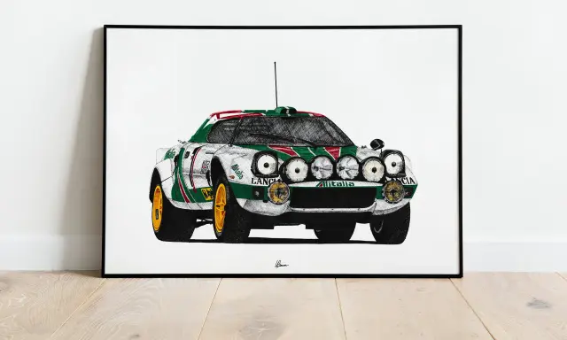 Rysunek kultowego Lancia Stratos w barwach Alitalii, gotowego do rajdu.