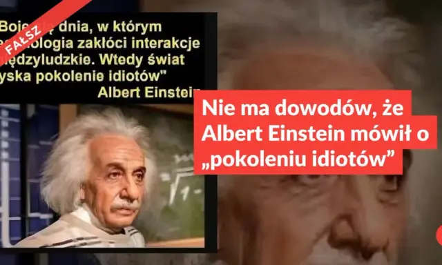 Portret Alberta Einsteina z napisem "FAŁSZ" i tekstem o braku dowodów na jego cytat o "pokoleniu idiotów".