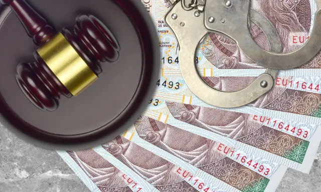 Młotek sędziowski, kajdanki i polskie banknoty na szarym tle.