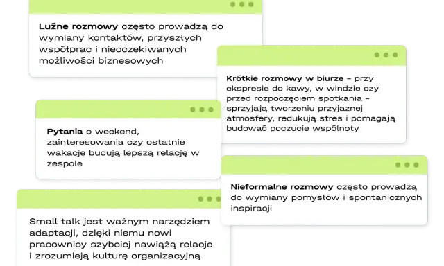 Luźne rozmowy, pytania o weekend i krótkie pogawędki przy kawie to small talk, który buduje relacje i sprzyja współpracy.