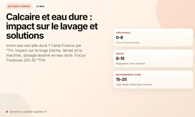 Carte de France sur le degré français de l'eau. Impact du calcaire sur le linge et la machine, avec des solutions pour chaque niveau de dureté.