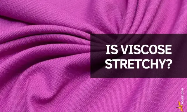 A close-up of a vibrant purple fabric with soft folds. Text overlay asks: "IS VISCOSE STRETCHY?