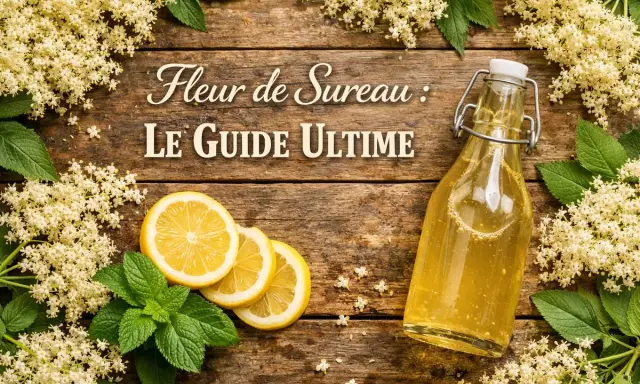 Fleurs de sureau : le guide ultime. Découvrez les bienfaits de cette plante aux multiples vertus, avec une bouteille de sirop, des citrons et de la menthe.