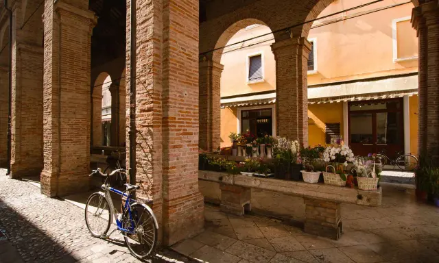 Sotto gli archi di mattoni rossi, un tempo la vecchia pescheria, ora un fiorista espone i suoi colori. Una bicicletta blu riposa sul selciato.