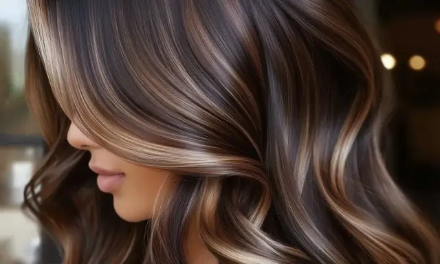 Cabello castaño con mechas melting que brillan, creando un efecto de luz y sombra en ondas suaves.