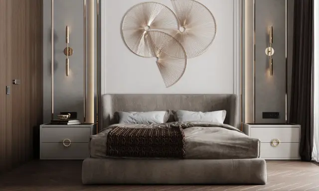 Un'installazione artistica dorata e moderna, perfetta cosa mettere sopra la testata del letto per un tocco di eleganza.