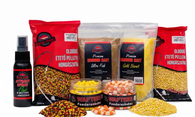 Zestaw zanęt Dynamite Baits: pellet, ground bait, spray i waftersy. Idealne do połowu ryb.