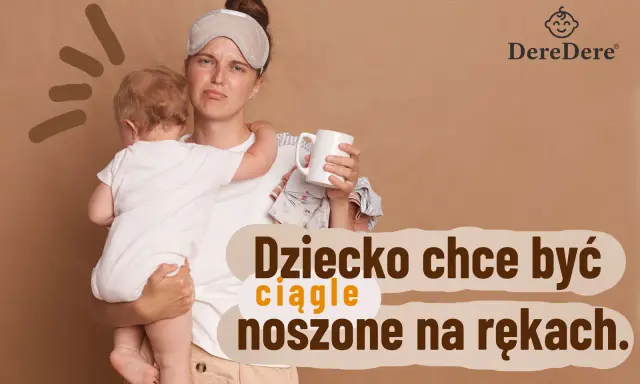 Zmęczona mama z opaską na oczach trzyma płaczące roczne dziecko, które ciągle chce na ręce. Obok kubek i stosik ubranek.
