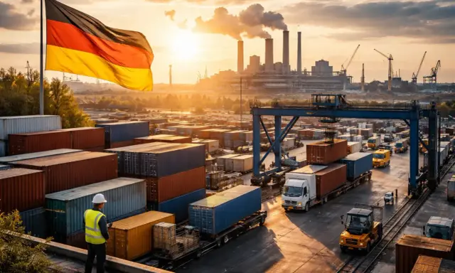 Niemiecka gospodarka w pełnym rozkwicie: port pełen kontenerów, ciężarówki i dźwigi pod flagą Niemiec, w tle elektrownia.