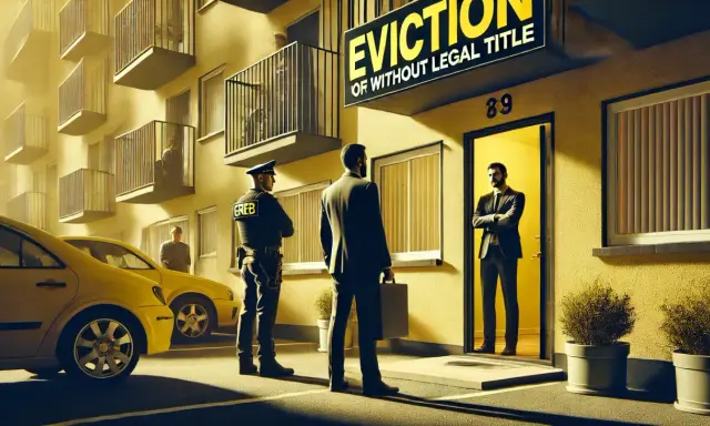 Policjant i mężczyzna w garniturze przed budynkiem z napisem "EVICTION".