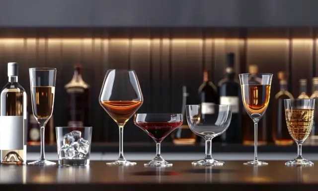 Różnorodne kieliszki z alkoholami na barze. Czasem brak magnezu objawy mogą być subtelne, jak pragnienie czegoś mocniejszego.