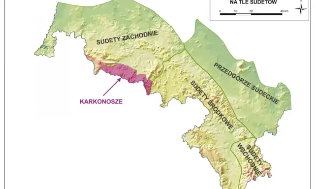 Mapa pokazuje lokalizację Karkonoszy na tle Sudetów Zachodnich, Środkowych i Wschodnich oraz Przedgórza Sudeckiego.