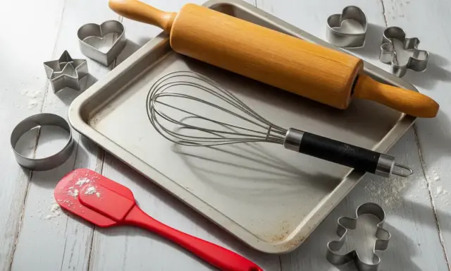 Utensilios de repostería: rodillo, batidor, espátula y varios tipos de moldes para galletas (corazón, estrella, hombrecito, círculo).