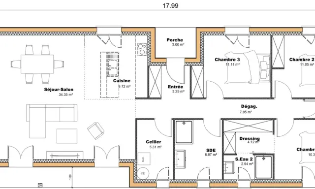 Plan d'une maison de plain-pied avec séjour-salon, cuisine, 3 chambres, terrasse bois. Idéal pour un projet de plan longère plain pied.