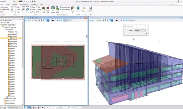 Interfaz de software para diseño de edificios, mostrando un modelo 3D y planos. Se observan herramientas BIM para la creación y modificación de elementos arquitectónicos.