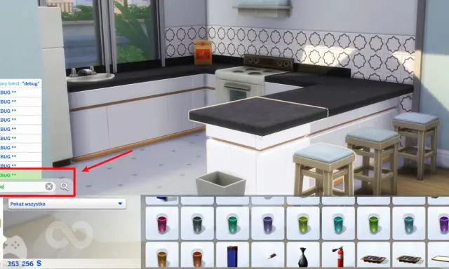 Wpisanie "debug" w wyszukiwarce obiektów w The Sims 4, aby odblokować przedmioty kariery i inne ukryte elementy.
