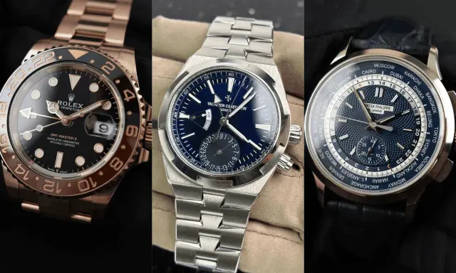 Tre orologi di lusso: Rolex GMT-Master II, Vacheron Constantin e Patek Philippe con complicazioni per fusi orari, mostrando il significato di GMT.