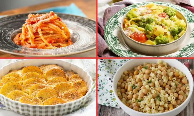 Un viaggio tra 10 piatti tipici del Lazio: spaghetti al pomodoro, pasta con verdure, patate al forno e pasta e ceci.