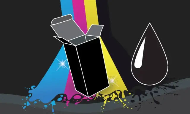 Caja abierta con salpicaduras de tinta cian, magenta y amarilla. Una gota de tinta **negro cmyk** cae a la derecha.
