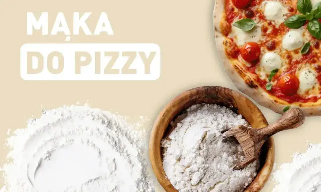 Idealna mąka do pizzy: świeża, biała mąka w drewnianej misce obok pysznej Margherity.