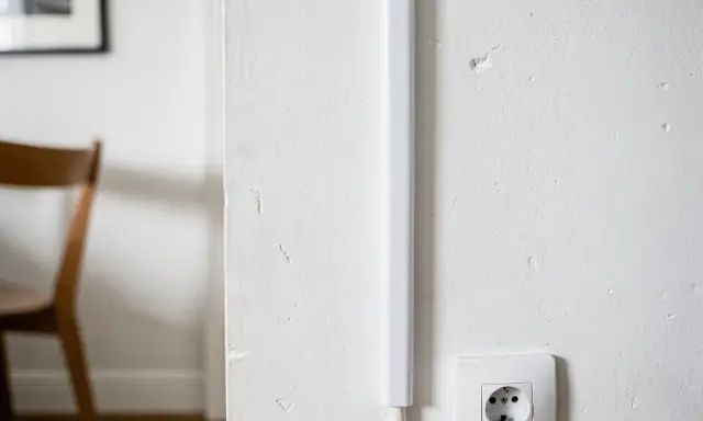 Une goulotte blanche est fixée verticalement sur un mur blanc, dissimulant des câbles. Une prise électrique est visible en bas à droite.